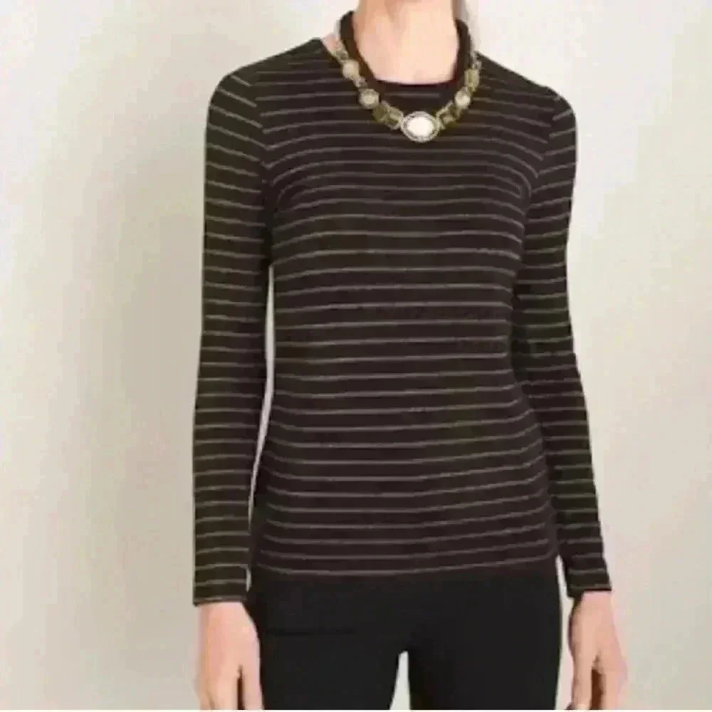 Chicos Top Sz 3/XL Black Gold Metallic Stripe Long-Sleeve Round Neck Layering
